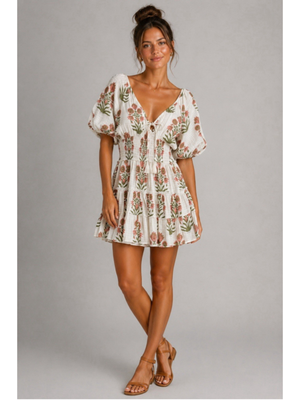 Saylor Floral Smocked Mini Dress Puff Sleeve Boho Resort Size S